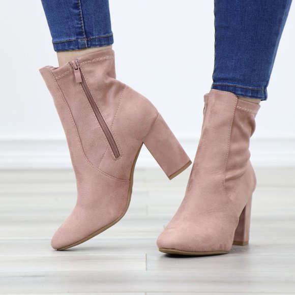 Pointed Toe Pink Faux Suede Block High Heel Above Ankle Boots - Picture 12 of 14